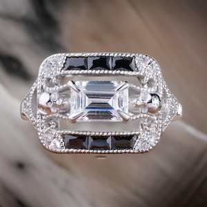Vintage Skull Engagement Ring / Antique Skull Ring / Emerald Cut Moissanite Anniversary Ring / Gothic Moissanite Ring / Sterling Silver Ring