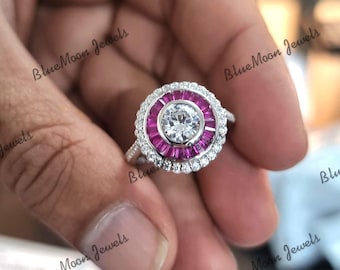 Art Deco Ruby and Moissanite Engagement Ring, Target Halo Ring for Women, 925 Sterling Silver Ruby Wedding Ring, Vintage Style Cluster Ring