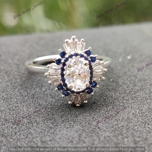 Stunning 2.0 Ct White Oval Cut Moissanite Diamond With Blue Sapphire Halo Engagement Ring| New Ring| Gift Ring| Anniversary Gift Ring