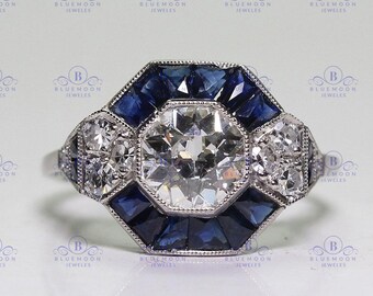 Details about / Art Deco Design 925 Sterling Silver Round White /& Blue Sapphire Engagement Ring