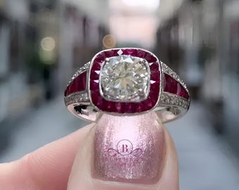 Elegant White Round Cut Moissanite Diamond With Ruby Caliber Halo Engagement Ring| New Ring| Anniversary Gift| Propose Ring