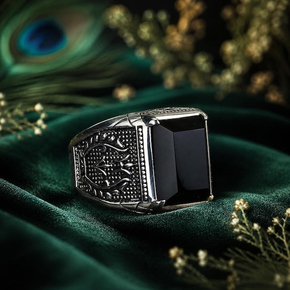 Vintage Black Onyx Signet Ring for Men, 925 Sterling Silver Men