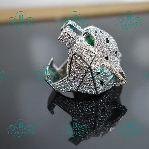 Geometric Panther Head Ring, Moissanite Iced Out Animal Ring, Emerald Green Eye Men’s Statement Ring, Unique Groom Gift, Bold Animal Jewelry