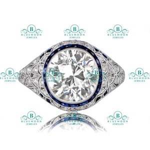 Art Deco Moissanite Engagement Ring: Sterling Silver, Blue Sapphire Accent