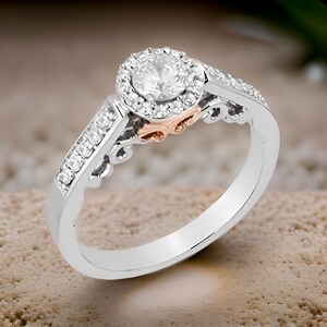 Now + Forever Round-Cut Moissanite Halo Engagement Ring, Solid 925 Sterling Silver Two-Tone Ring For Women, Anniversary Gifts