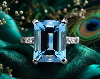 Aquamarin Smaragdschliff Ring, Art Deco Blautopas Verlobungsring, Großer Blauer Stein Statement Ring, Jahrestagsgeschenk für Sie