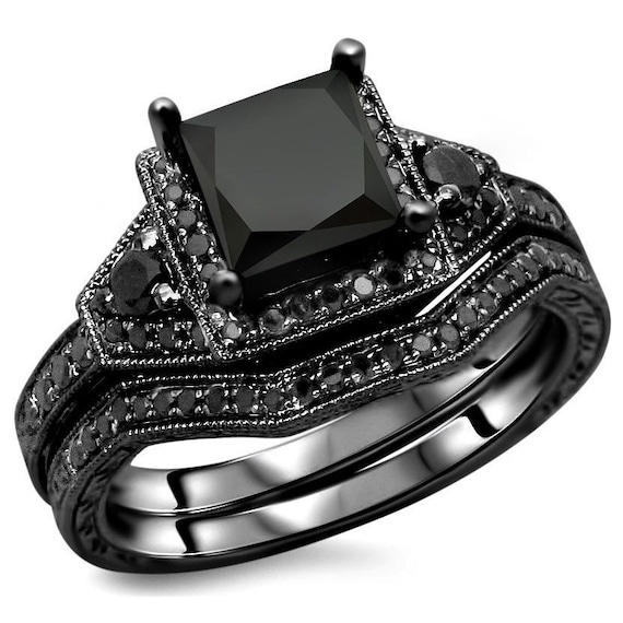 2.10 Carat Black Onyx With CZ Diamond Engagement/wedding Ring | Etsy