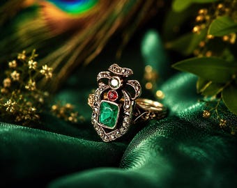 Vintage Emerald Ring, Art Deco Emerald Engagement Ring, Antique Style Emerald Gold Ring, Green Gemstone Statement Ring, Unique Gift For Her