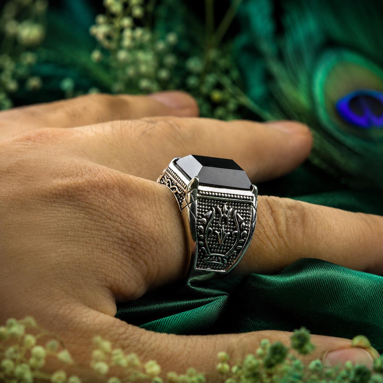 Vintage Black Onyx Signet Ring for Men, 925 Sterling Silver Men