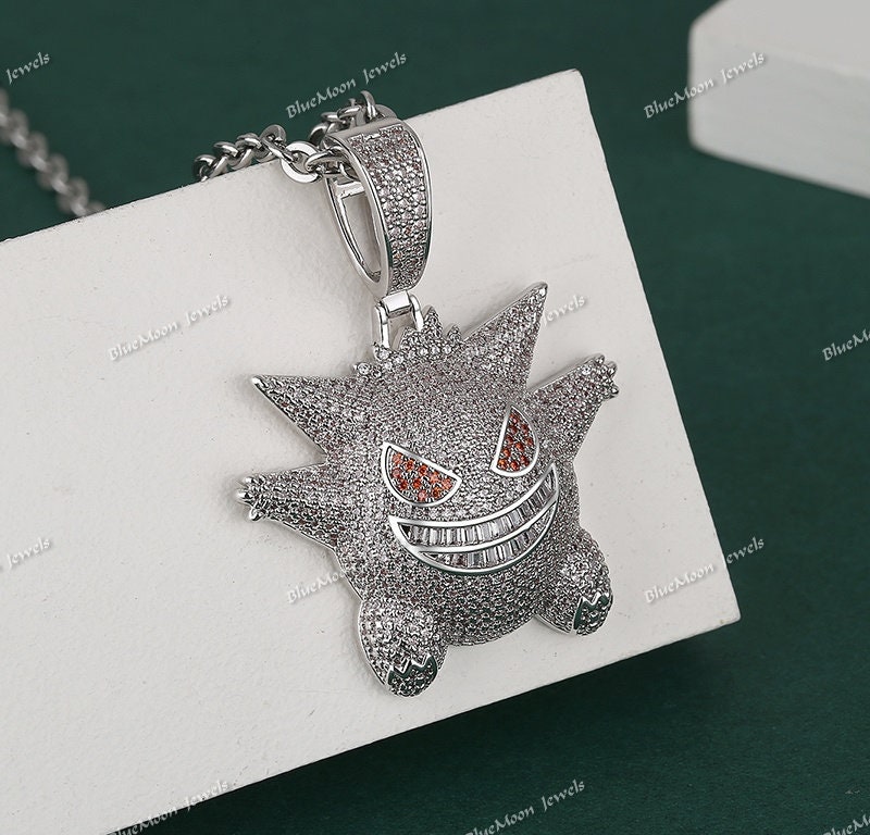 Real Iced CZ Hip Hop 925 Sterling Silver Gengar Pokemon Pendant Necklace  Mens