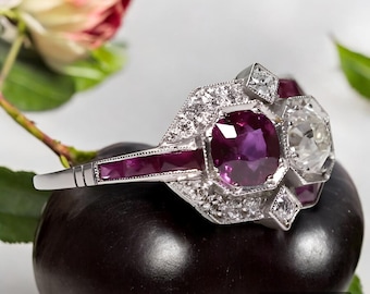Art Deco Ruby and Moissanite Engagement Ring, Vintage Style Ring, Geometric Shield Ring for Women, Anniversary Gift for Her