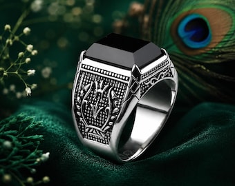 Vintage Black Onyx Signet Ring for Men, 925 Sterling Silver Men