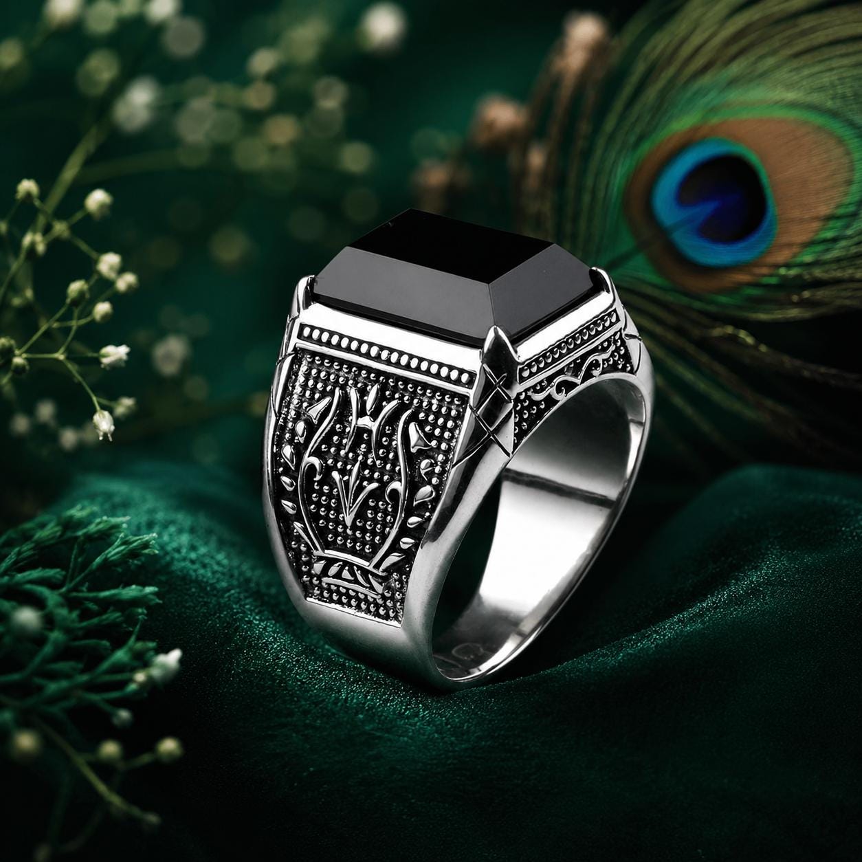 Vintage Black Onyx Signet Ring for Men, 925 Sterling Silver Men