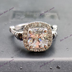 Gothic Skull Halo Engagement Ring: White Cushion Moissanite, Sterling Silver