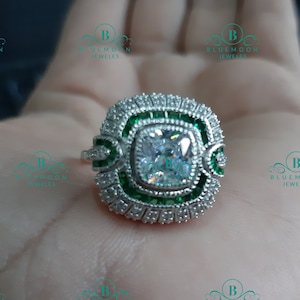 Cushion Cut Moissanite Ring: Green Emerald Halo, Art Deco Sterling Silver