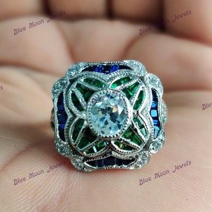 Oval Moissanite Art Deco Ring: Green & Blue Sapphire Sterling Silver