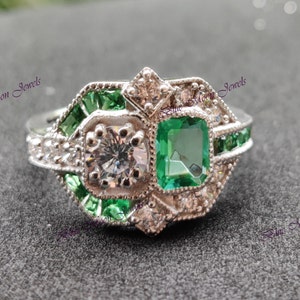 14k Solid Gold Art Deco Inspired Emerald & Round Cut Moissanite Diamond Toi Et Moi Ring| New Ring| Anniversary Gift Ring| Vintage Style Ring