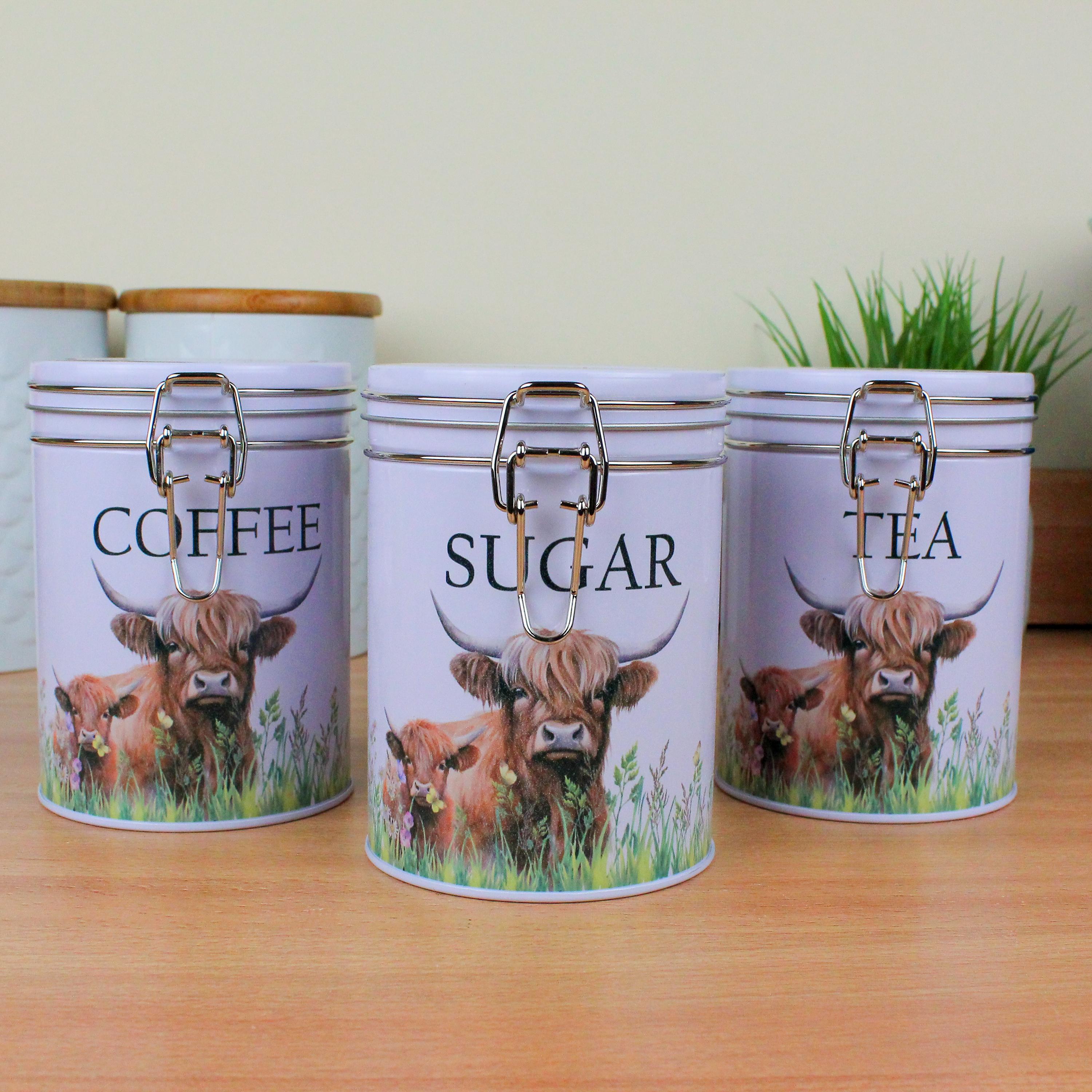 Purely Home Highland Cow And Calf Tea Coffee & Sugar Storage Canister Set - Countryside Farm Metal/Enamel Hot Drinks Storage Container Set Of 3
