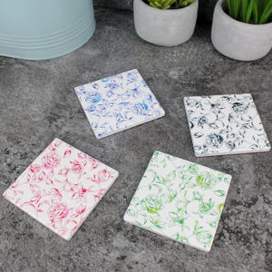 Pretty Roses Ceramic Coasters Set - Floral Set of Four (4) Square Coasters - Available with Stand