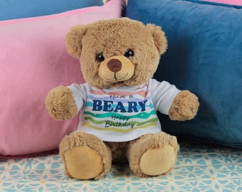 Beary Teddybär alles Gute zum Geburtstag Geschenk - Regenbogen flauschiges Spielzeug Neuheit Kindergeschenk mit abnehmbarem T-Shirt