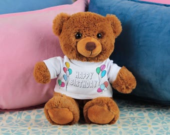 Bunte Luftballons Teddybär Geschenk - Personalisiertes Kindergeburtstagsgeschenk mit abnehmbarem T-Shirt