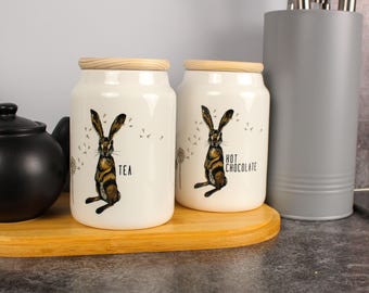 Hare & Dandelions Ceramic Kitchen Storage Jars - Wildlife Tea/Coffee/Sugar Kitchen Canister Gifts