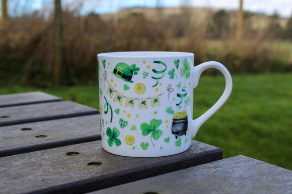 St Patrick's Day Mug - Irish Shamrocks Green Bone China Tea/Coffee Cup Present