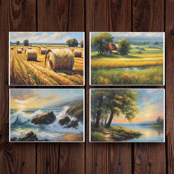 Country Landscapes Glass Placemats Set - Vintage Watercolours Table Mats Gift - Smooth Table Mats Set of 4