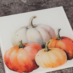 Puede incluir: Azulejo decorativo cuadrado blanco con una pintura de acuarela de calabazas. Las calabazas son en tonos naranja, melocotón y blanco, con tallos verdes. El azulejo tiene un acabado brillante.