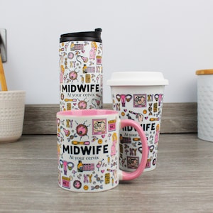 May include: Three mugs with a pink rim and a white background. The mugs are decorated with a pattern of medical symbols and the text "Midwife At Your Cervix".