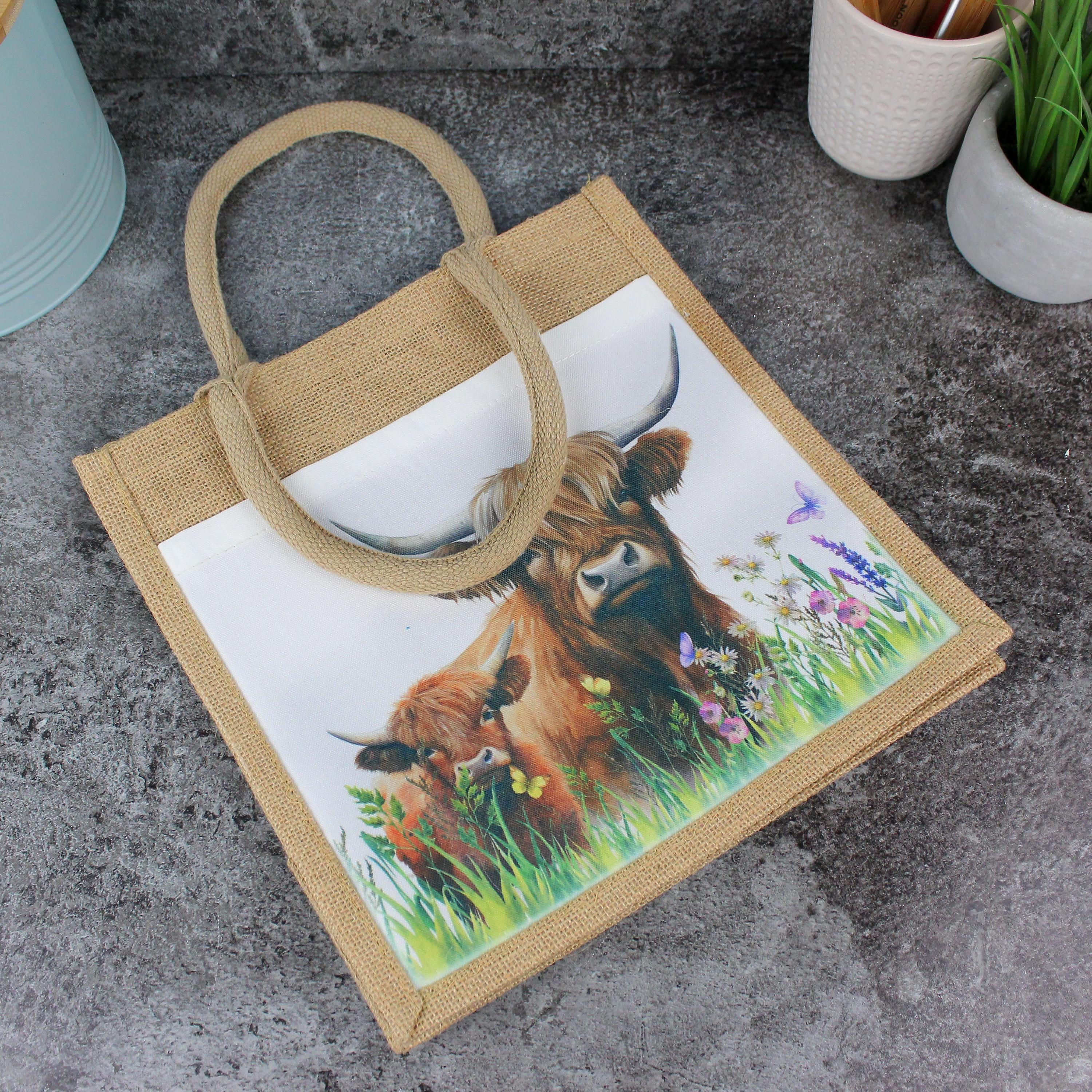Purely Home Borsa Tote Con Mucca E Vitello Delle Highlands - Bianca, Verde E Marrone - 2