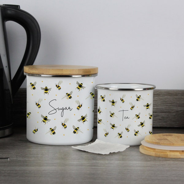 Bees Tea Coffee Sugar Canisters - Enamel Bees Kitchen Storage Jars - Drink Containers Airtight Storage Tub