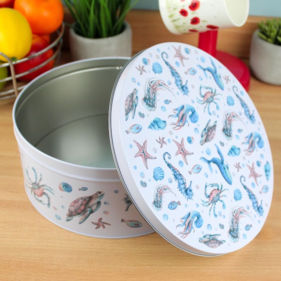 Purely Home Sea Art Tea Storage Canister - Coastal Creatures Sea Animals & Shellfish Homewares Presents - Metal Enamel Hot Drinks Storage Container