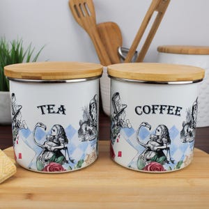 Boîtes de rangement pour la cuisine Les Aventures d'Alice au pays des merveilles - Cadeaux de livres de contes fantaisistes - Pots de thé/café/sucre/déca émaillé