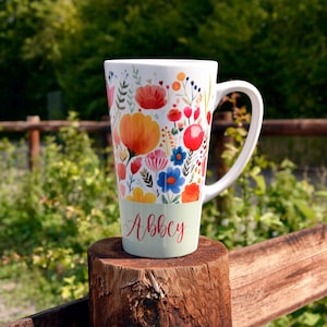 Personalised Wildflower Latte Mug - Pretty Hot Chocolate Tall Mug - Ceramic Custom Gift
