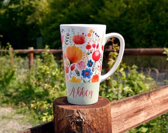 Personalised Wildflower Latte Mug - Pretty Hot Chocolate Tall Mug - Ceramic Custom Gift