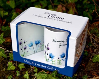 Blooming Lovely Bone China Mug - Personalised Floral Tea Coffee Drinks Cup for Her - Available as a Gift Boxed Set with Coaster
