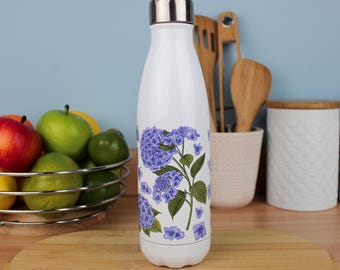 Bottiglia d'acqua floreale viola - Bottiglia per bevande riutilizzabile in acciaio inossidabile per esterni - Regali di fiori di ortensia per lei