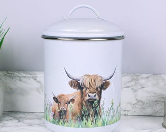 Grande contenitore in metallo con motivo mucche delle Highlands - Barattolo/contenitore per alimenti da cucina in stile rustico - Idea regalo