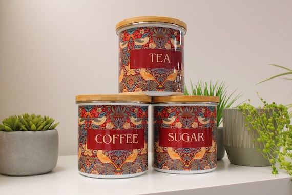 Morris Inspired Kitchen Storage Canisters - Red Strawberry Thief Tapestry Artwork Gifts - Birds & Flowers Tea Coffee Sugar Decaf Enamel Jars