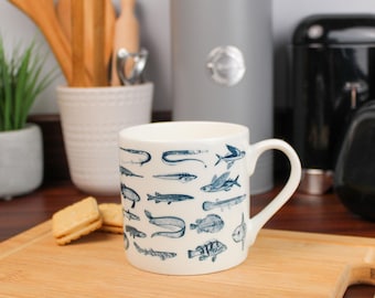 Vintage Fishing Mug - Fish Illustrations Bone China Tea/Coffee Cup Gift for Fishermen