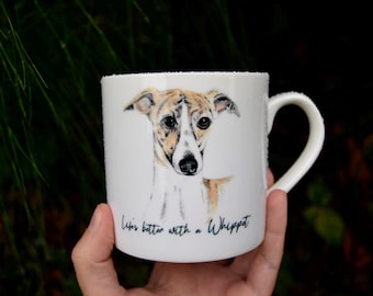 Whippet Mug - Bone China Tea/Coffee Present for Dog Lovers - Available as Gift Set with Glass Coaster