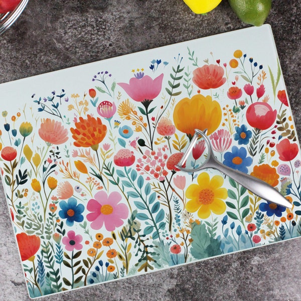 Wildflowers Rectangular Large Glass Worktop Protector - Floral Meadow Kitchen Chopping/Cutting Board Worktop Saver