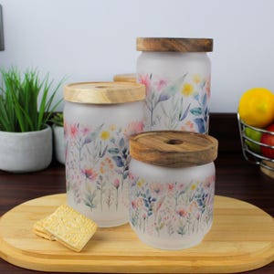 Pretty Flowers Glass Storage Canister - Pastel Kitchen Canister/Container with Wooden Lid Various Sizes