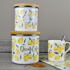 Vibrant Lemons Tea Coffee Sugar Decaf Kitchen Canisters - Yellow Citrus Fruits Enamel Storage Containers Home Gifts