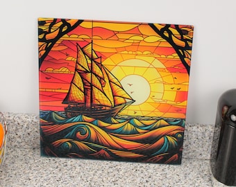 Buntglas-Boat-Glas-Arbeitsplattenschutz - Große quadratische Küche als nautisches Dekor-Geschenk