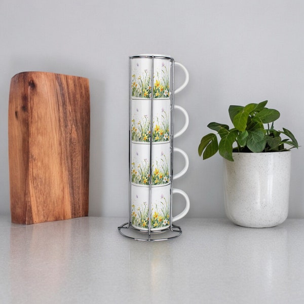 Daffodil Stacking Mugs Set - Springtime Flowers Ceramic Tea/Coffee Cups - Drinkware Mug Gift Set with Metal Stand/Holder Set of 4