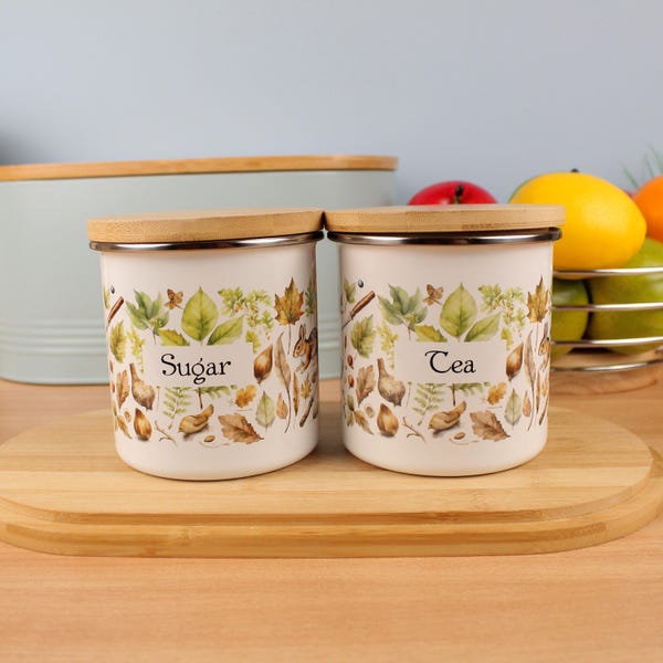 Woodland Kitchen Storage Canisters - Enamel Tea, Coffee, Sugar Containers