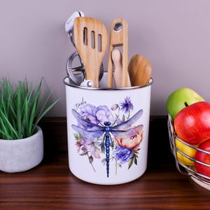 Purple Floral Dragonfly Utensil Holder Pot - Extra-Large Kitchen Tool Storage Gift