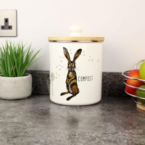 Painted Hare Food Waste Bin - 2L Enamel Kitchen Compost Caddy Animal Gifts